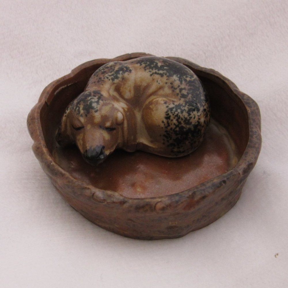 Otagiri OMC Sleeping Dog in Basket Figurine Two Piece Ceramic Vintage Japan